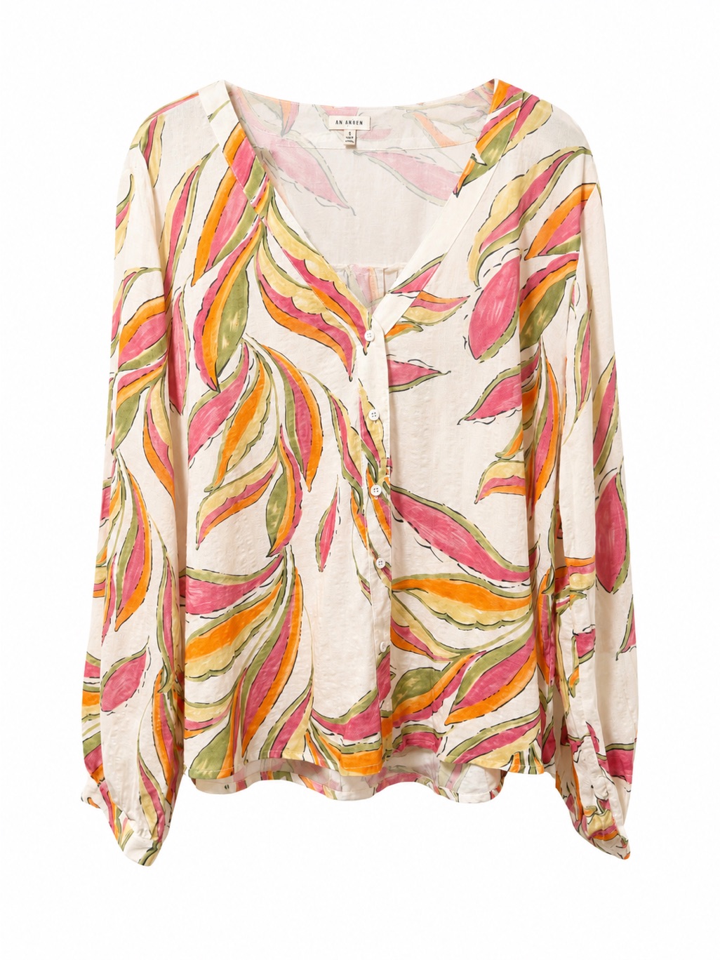 En Creme Pink Orange Green Leaf-Print Button-Down Blouse